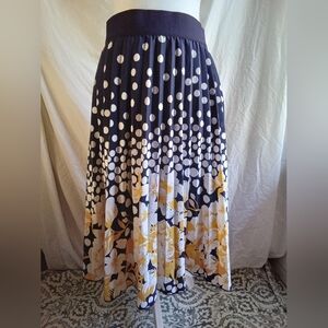 Metro Wear Navy Midi Skirt with White Polka Dots and Yellow Floral Border